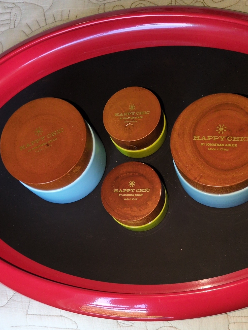Happy Chic Blue and Lime Ceramic/Wood Candle Holder Set by Jonathan Adler